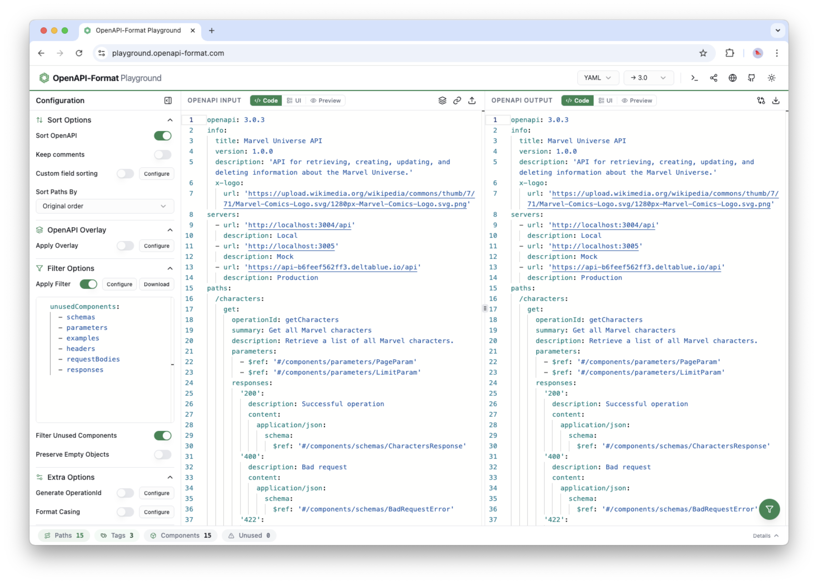 The OpenAPI Format Playground showing code input and formatted code output side by side.