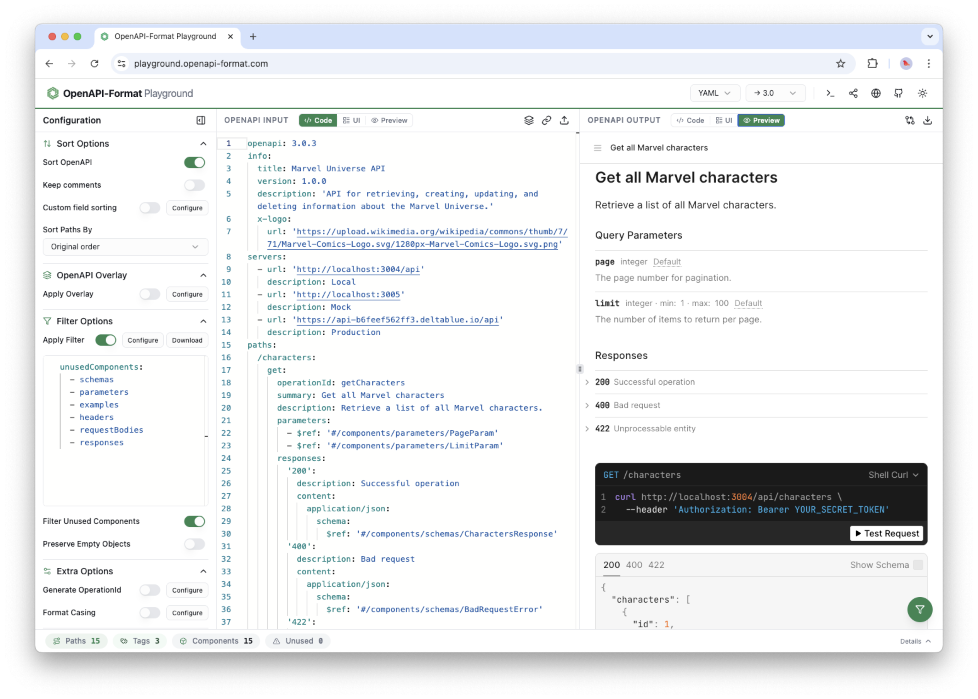 The OpenAPI Format Playground showing a rendered API preview next to the source document.